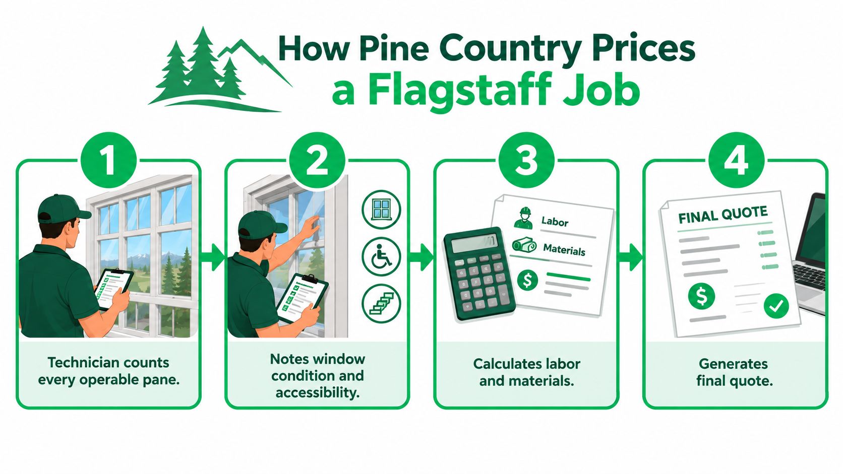 A process infographic showing four steps Pine Country uses to calculate window cleaning service prices.