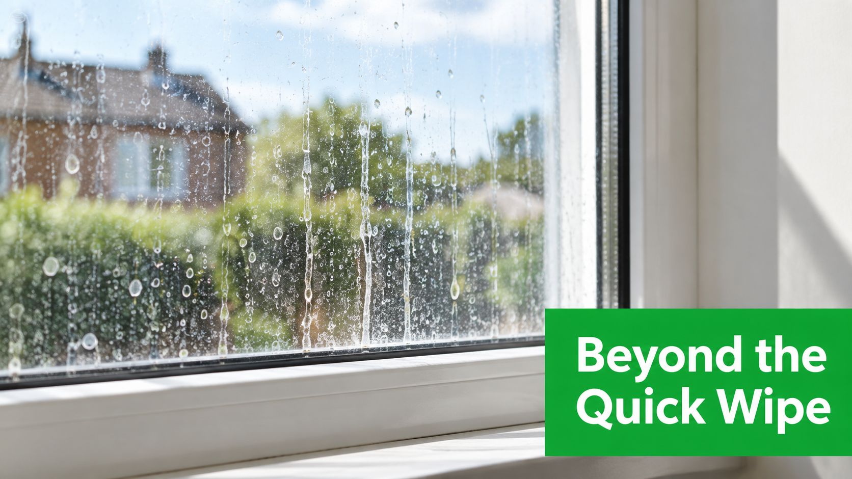 A close-up view of a dirty window pane covered with water spots and streaks from rainfall.