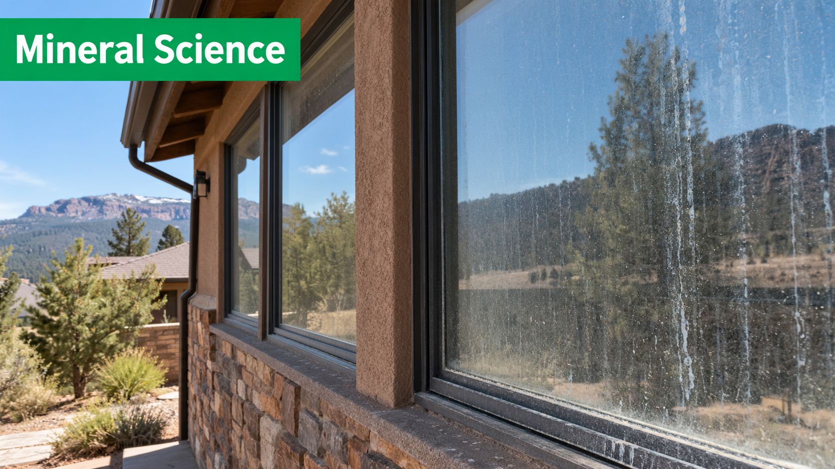 A close-up view of house windows with noticeable hard water stains and mineral deposits on the glass.