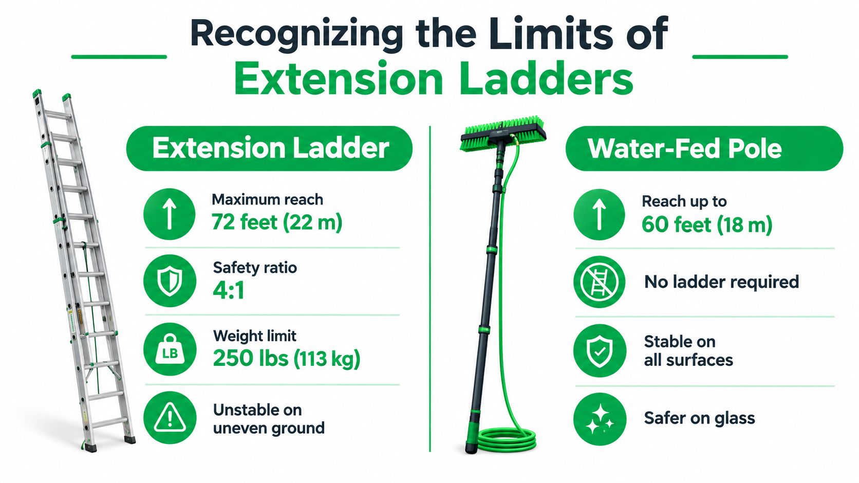 A comparison infographic between using an extension ladder and a water-fed pole for window cleaning tasks.