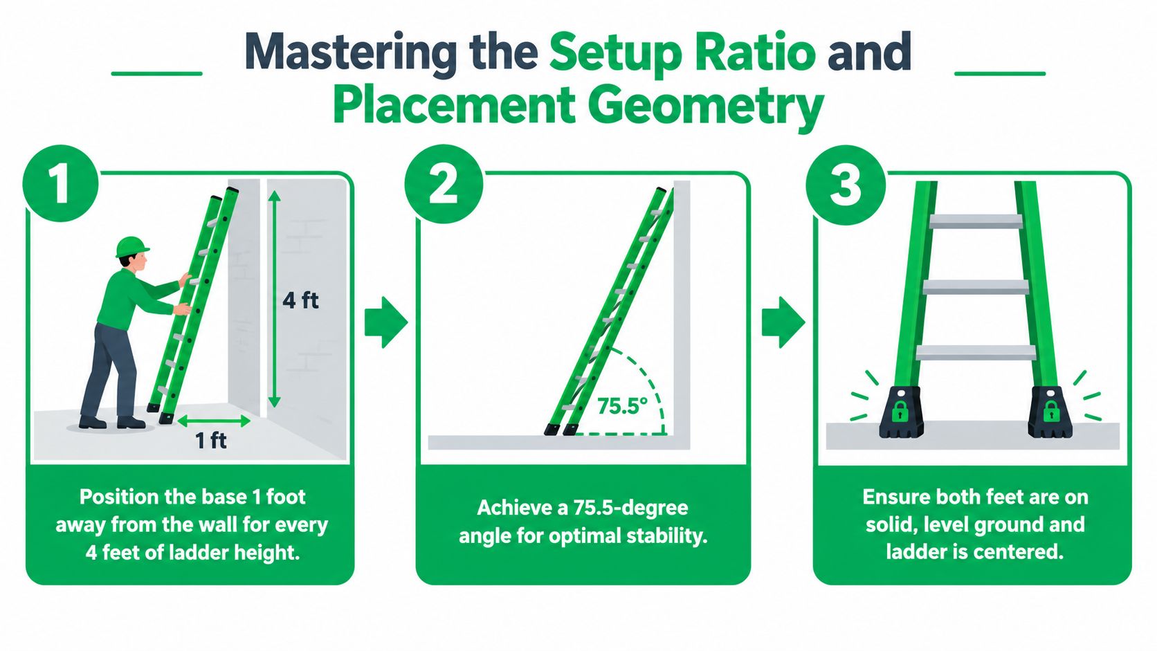 A graphic illustration showing three steps for safely setting up a ladder against a wall.
