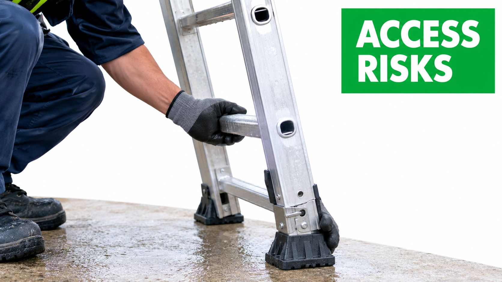 A worker in protective clothing inspecting the base of an aluminum ladder on a wet surface.