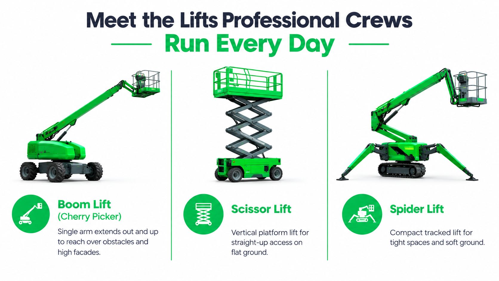 An infographic displaying three types of aerial work platforms: a boom lift, scissor lift, and spider lift.