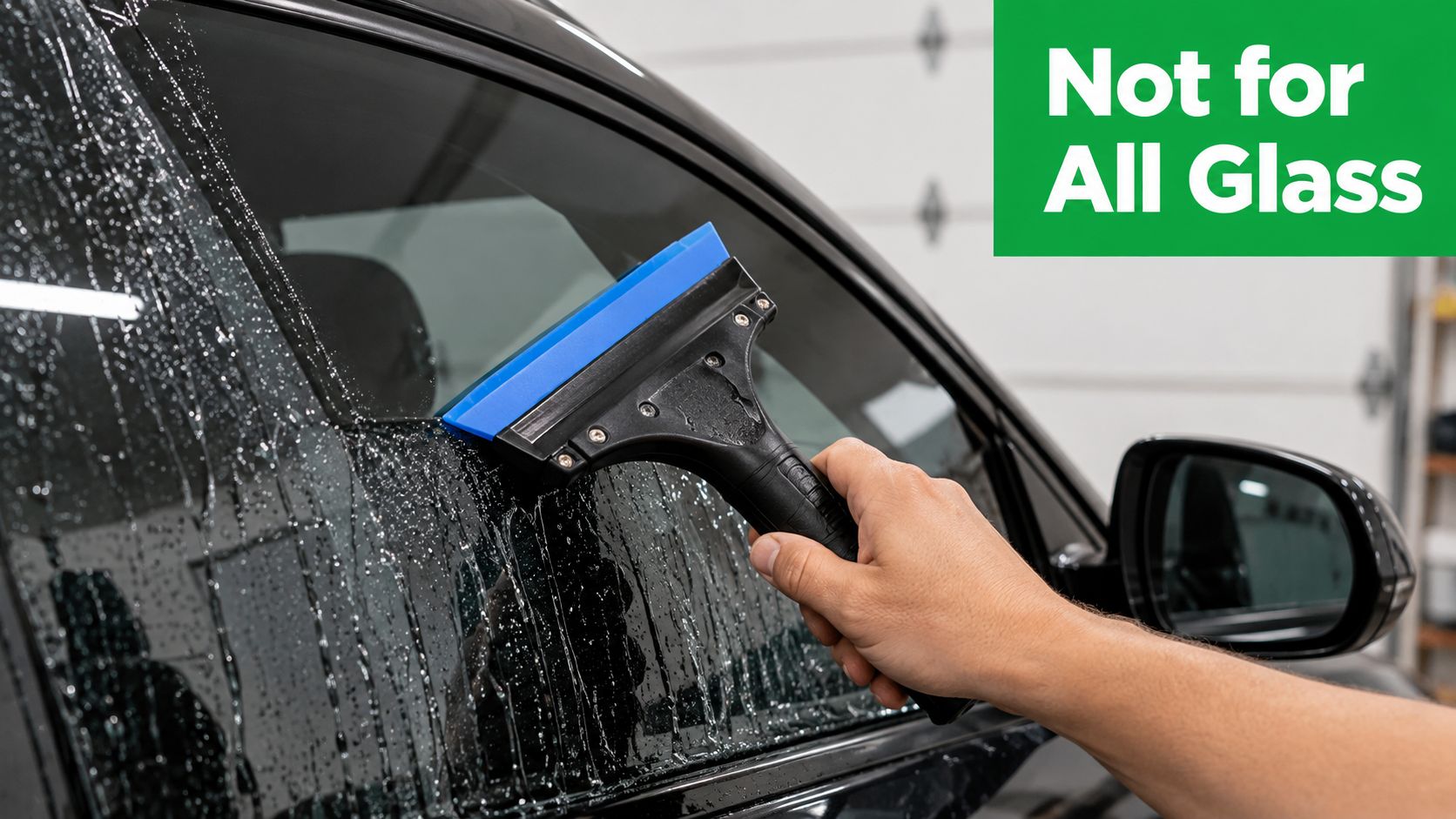 A hand using a blue handheld window cleaning squeegee to wipe water off a car side window.