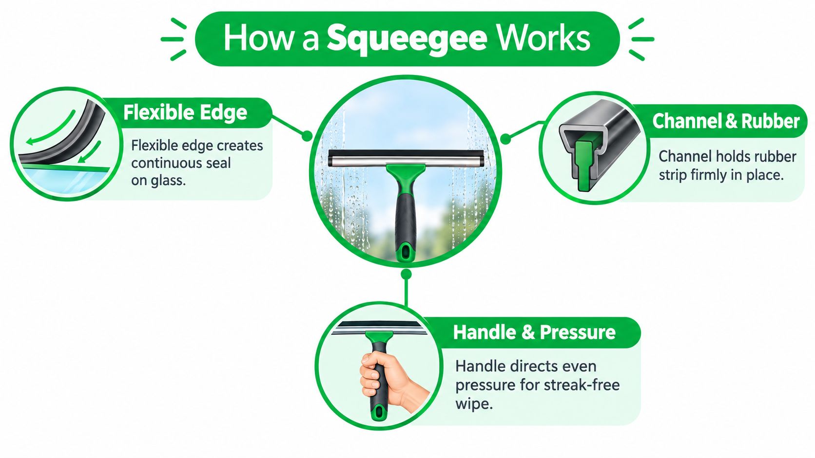A descriptive diagram illustrating the mechanics of a squeegee with details on its edge, channel, and handle.