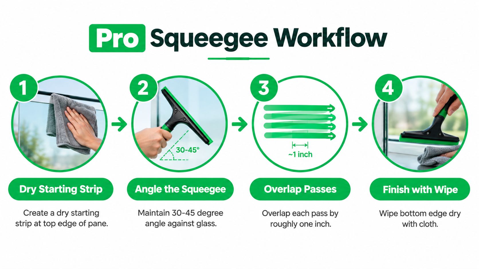 An infographic showing the four steps of a professional window cleaning squeegee workflow for effective glass cleaning.