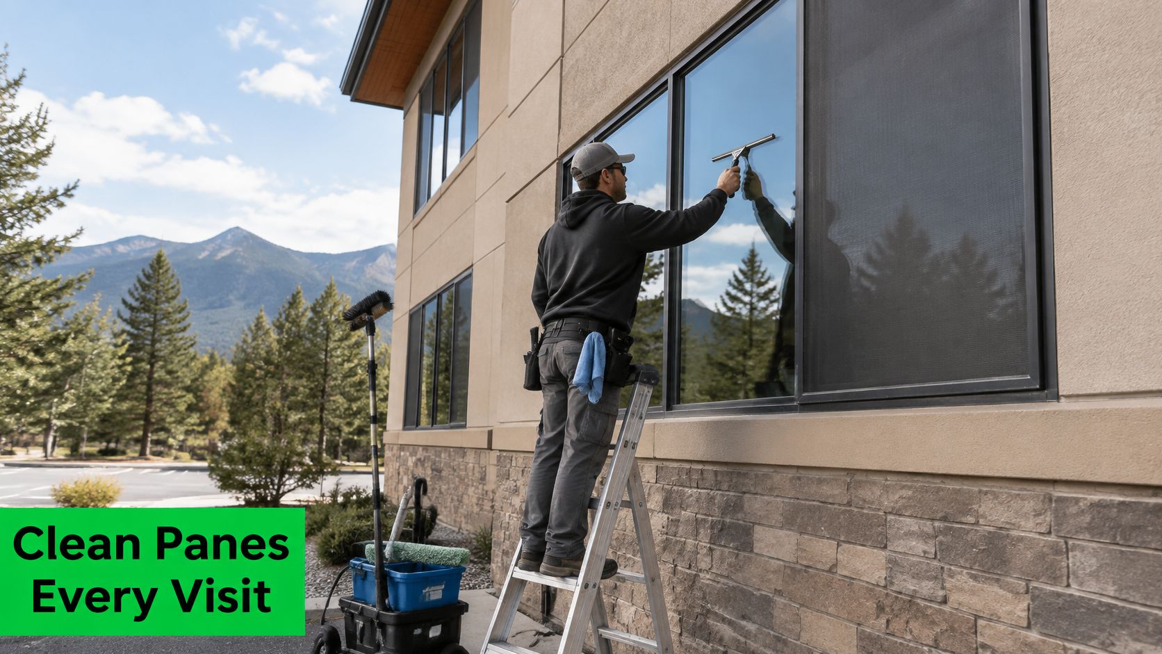 A professional window cleaner on a ladder cleaning the exterior windows of a commercial building exterior.