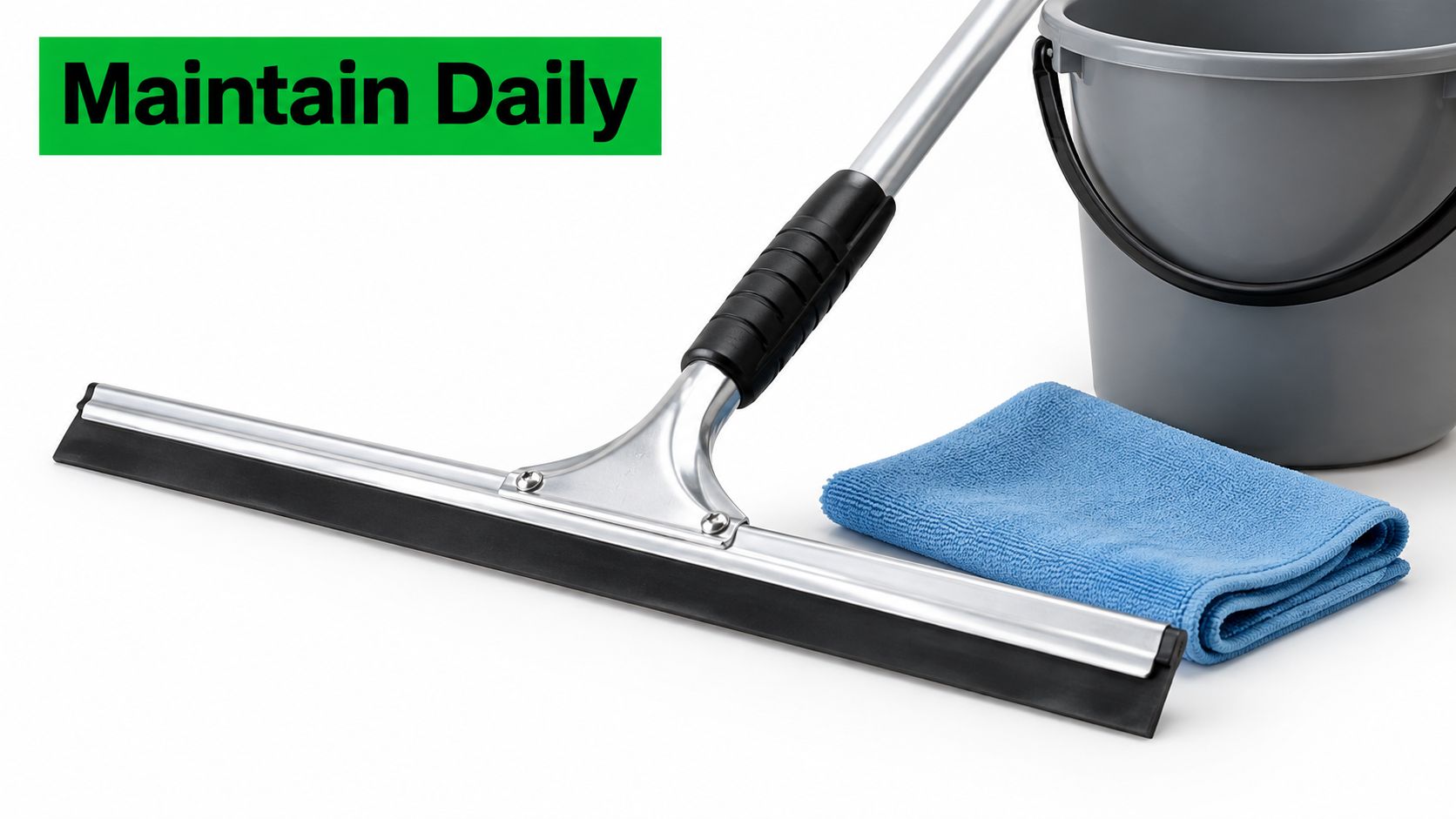 A professional window squeegee with a blue microfiber cloth and a gray bucket on a white background.