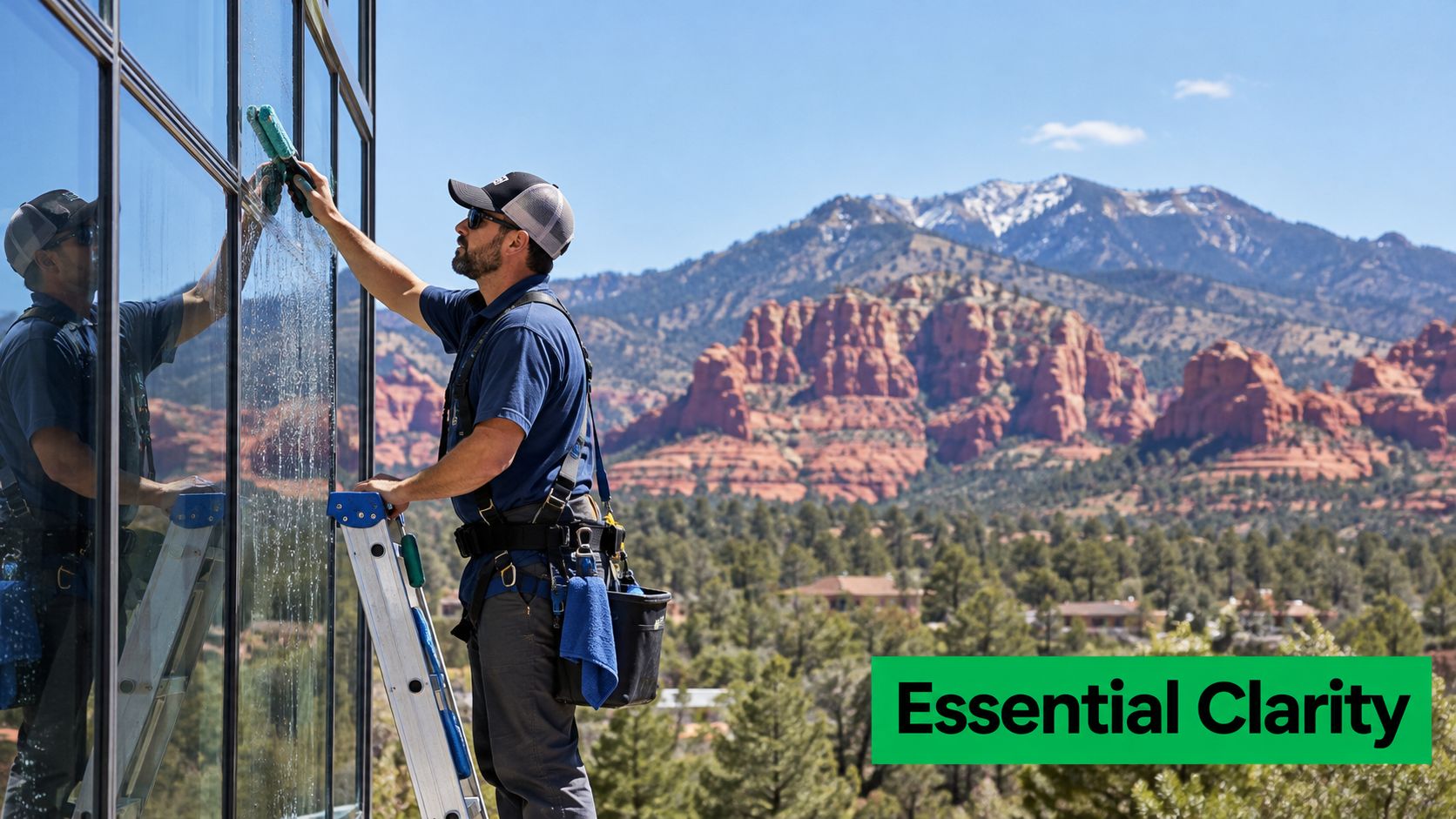 A professional window cleaner wearing a harness cleaning glass panels with a squeegee outdoors in Sedona.