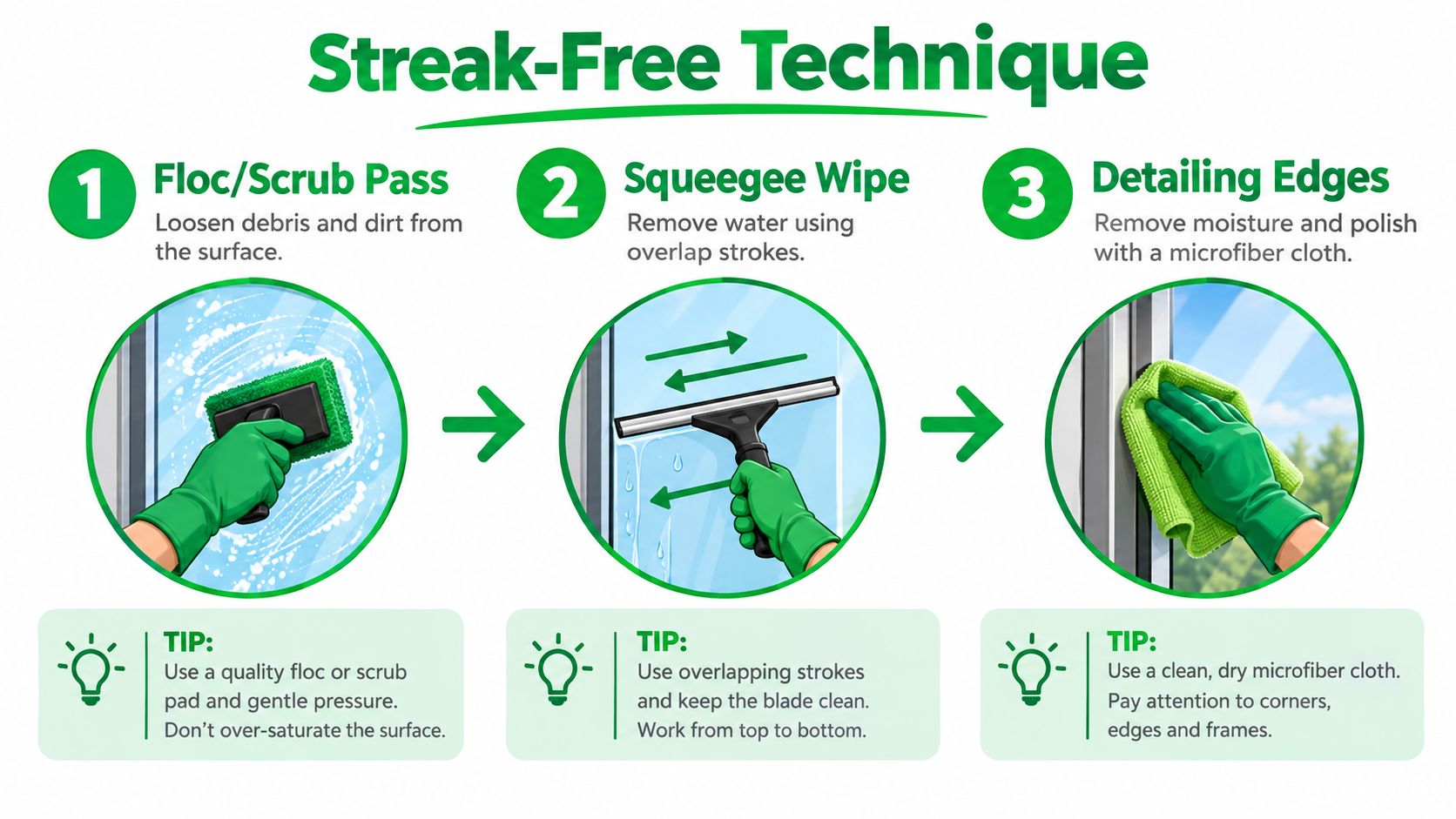 An infographic illustrating a three-step streak-free technique for professional window cleaning using a scrubber and squeegee.