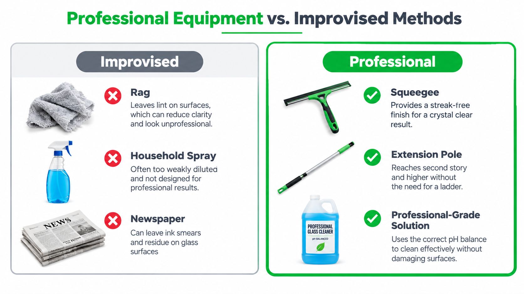 A comparison chart showing professional cleaning tools versus improvised household items for cleaning glass surfaces.