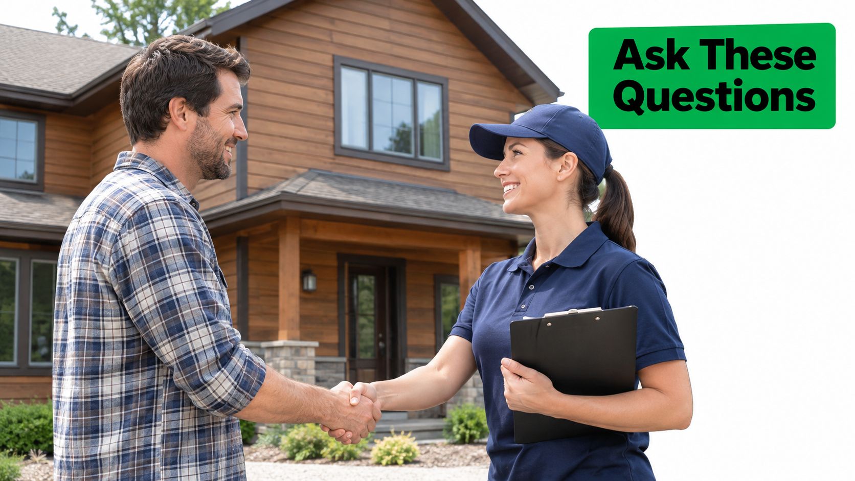 A professional service worker shakes hands with a homeowner in front of their suburban house.