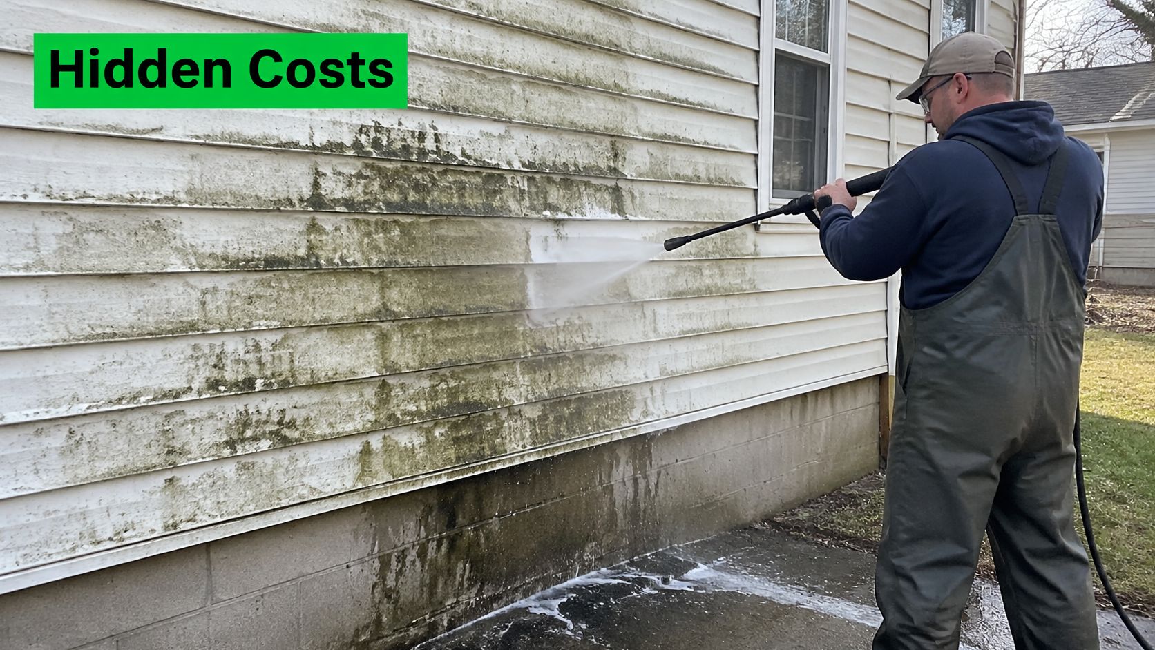 A professional worker using a power washer to clean mold and dirt from white vinyl house siding.