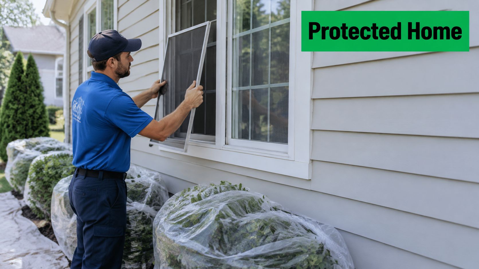 A professional service technician removes window screens from an exterior house before starting a pressure washing service.