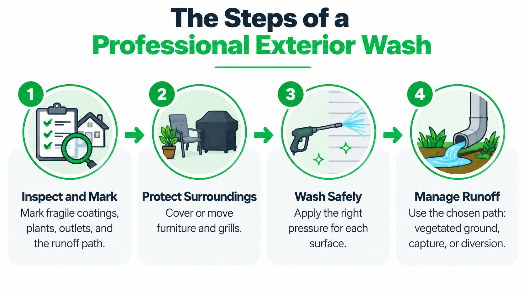 An infographic showing the four essential steps of a professional exterior house washing process.
