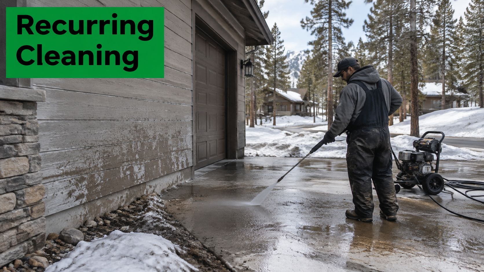 A professional worker using a pressure washer to clean a concrete driveway on a snowy day.
