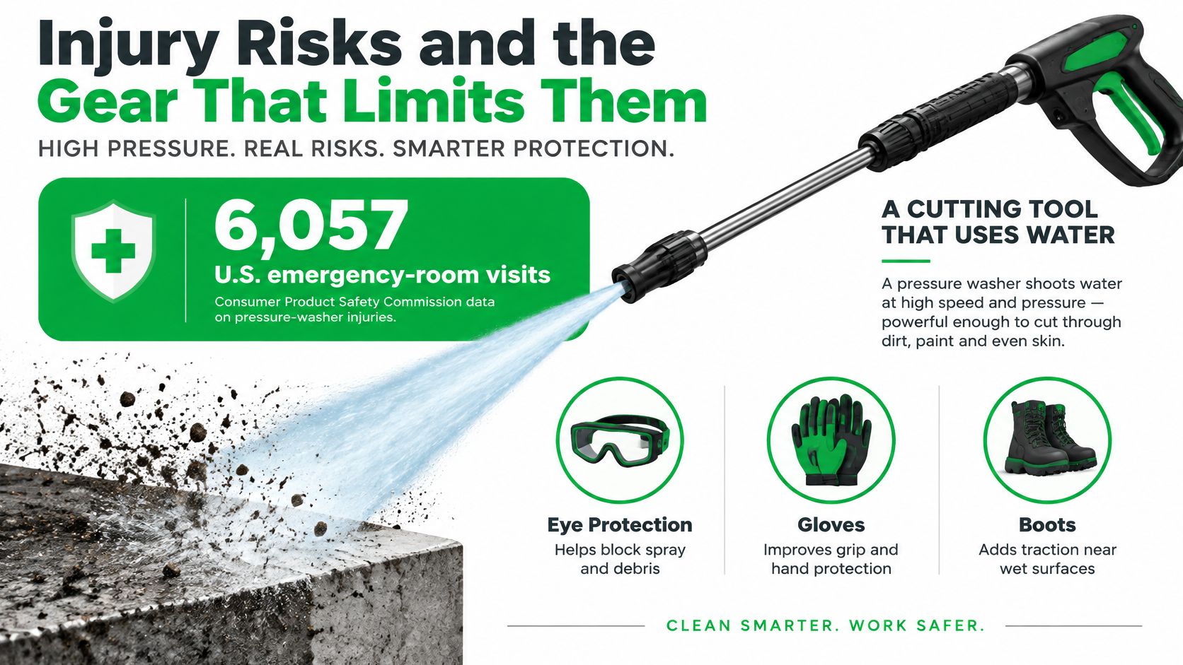 An infographic showing pressure washer safety tips, including emergency room statistics and essential personal protective equipment.