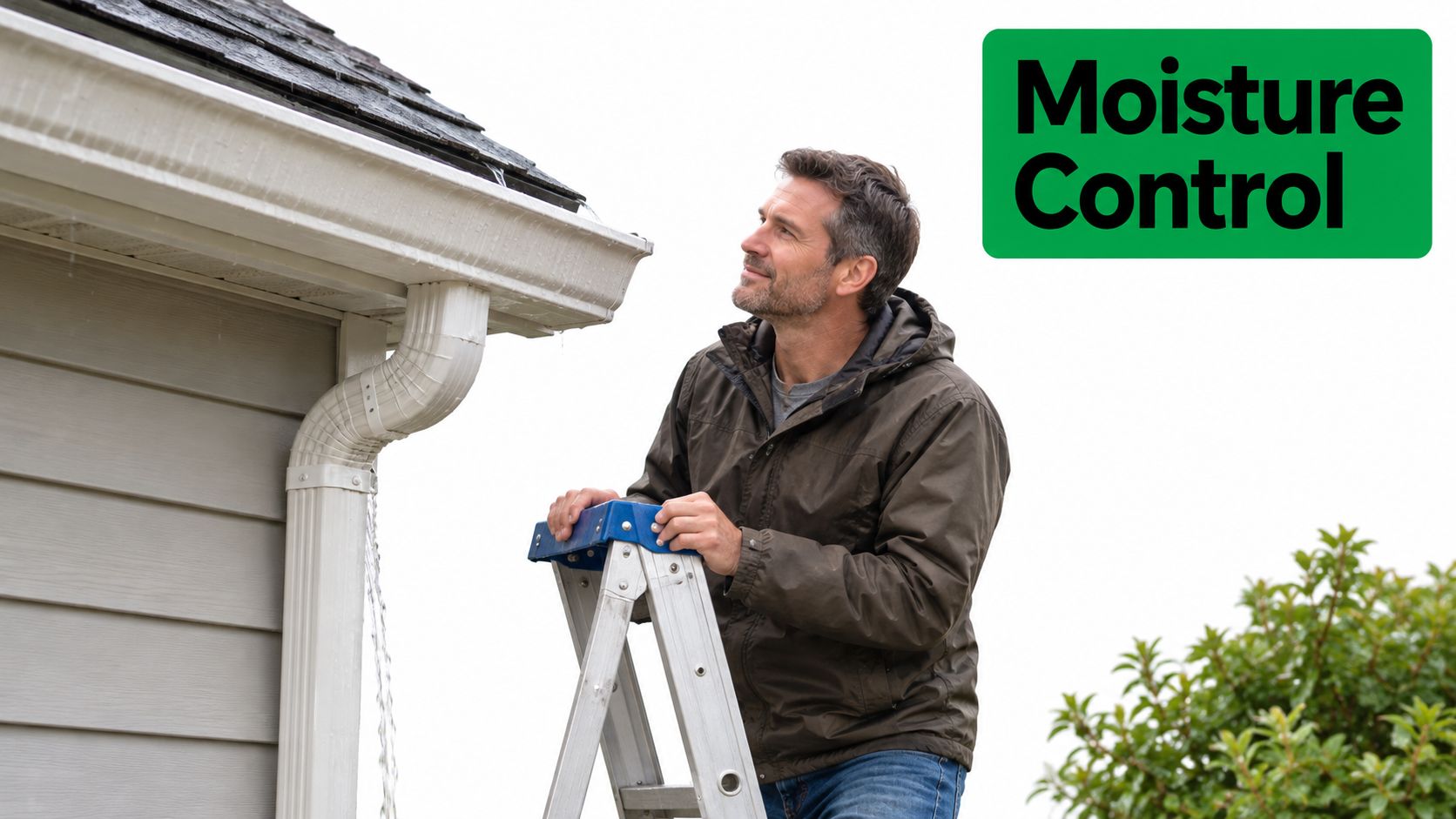 A man on a ladder inspecting a roof gutter system with a moisture control label nearby.