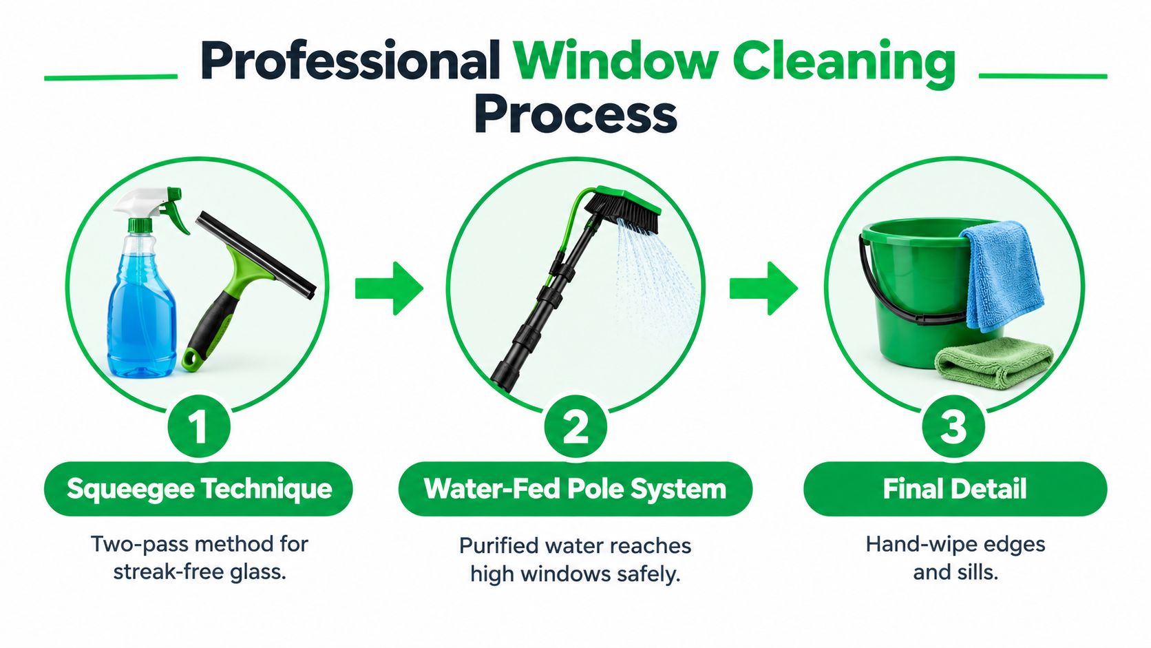 A professional window cleaning process infographic showing three steps including squeegee technique, water-fed pole, and final detailing.