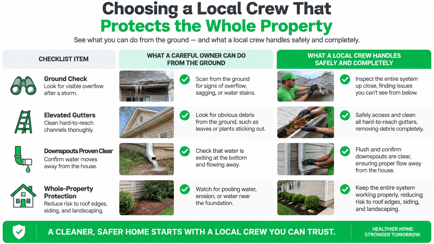 A comparison chart showing how homeowners can check gutters versus how professionals safely clean and maintain them.