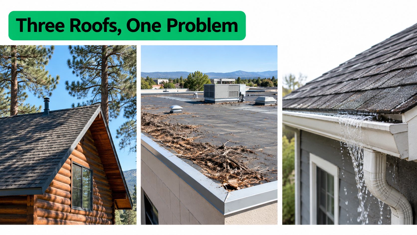 A collage showing three different types of roofs displaying potential maintenance issues like debris and overflowing gutters.