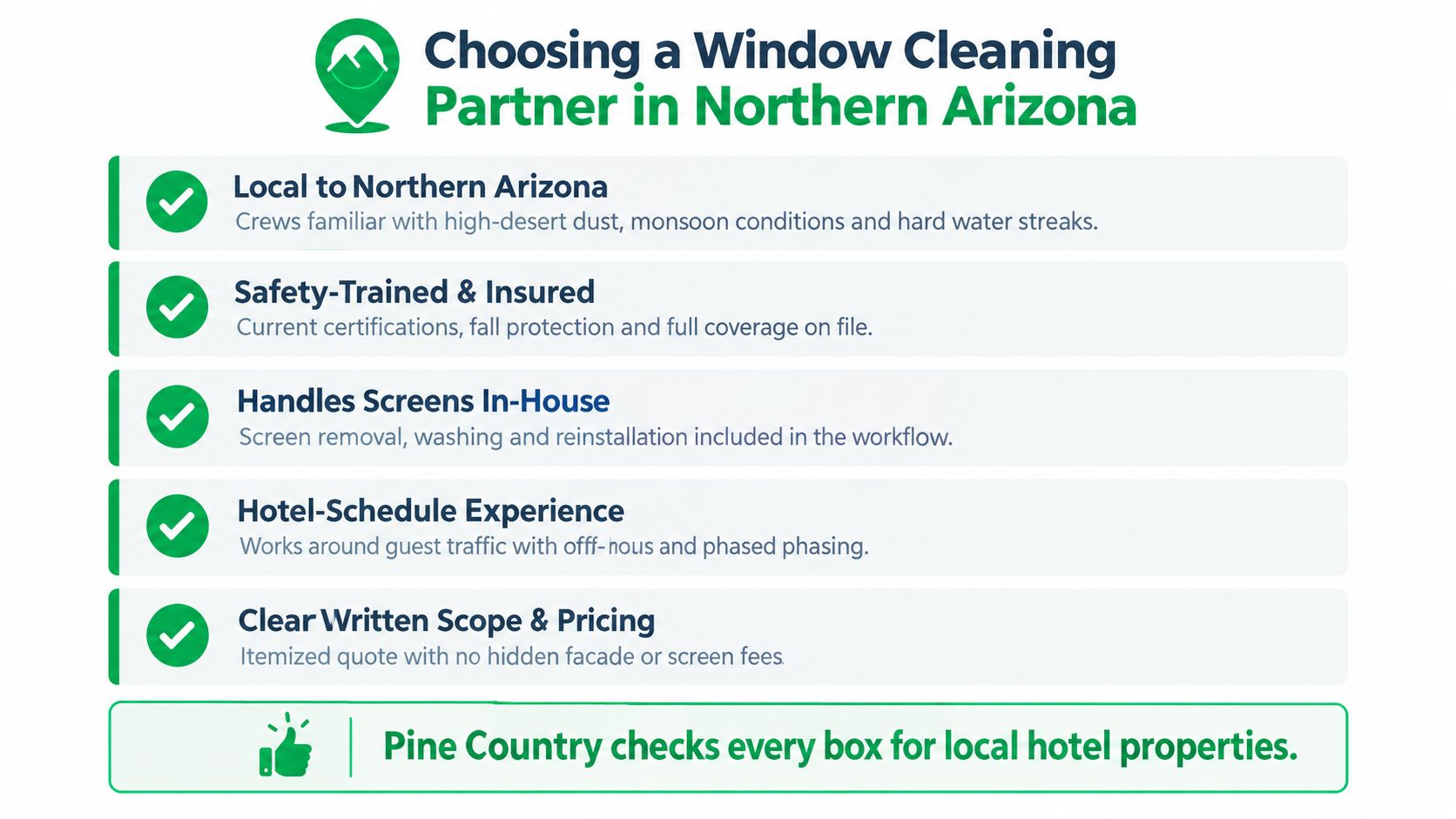 A checklist infographic listing five key reasons to choose Pine Country for window cleaning in Northern Arizona.