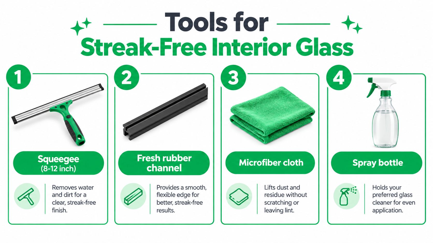 A guide showing four essential tools for streak-free interior window cleaning: squeegee, rubber channel, microfiber cloth, and spray bottle.
