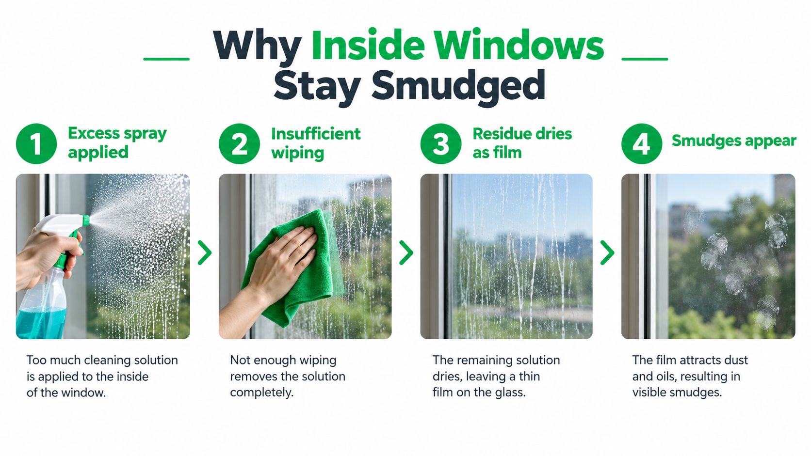 A four-step infographic illustrating why cleaning solutions leave smudges when cleaning the inside of windows.