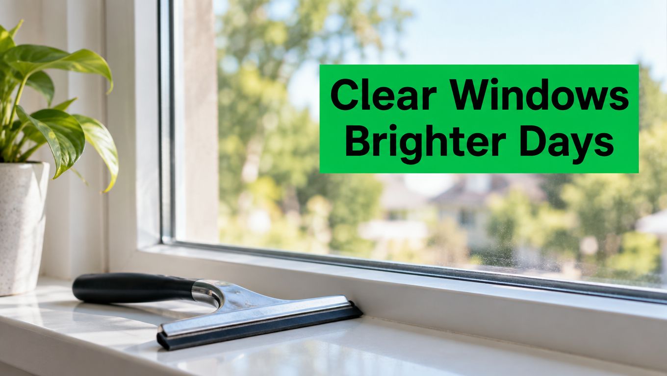 A professional squeegee resting on a clean white windowsill next to a potted green plant.