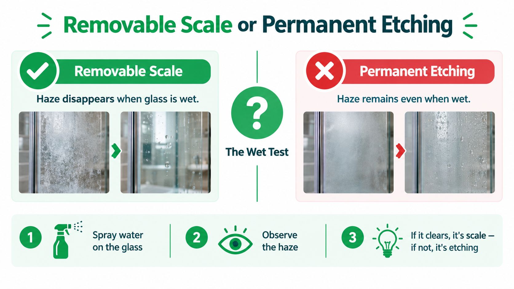 An infographic showing the wet test to distinguish between removable mineral scale and permanent etching on glass surfaces.