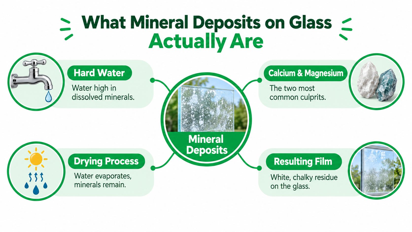 An infographic explaining how hard water causes mineral deposits to form as a white film on glass surfaces.