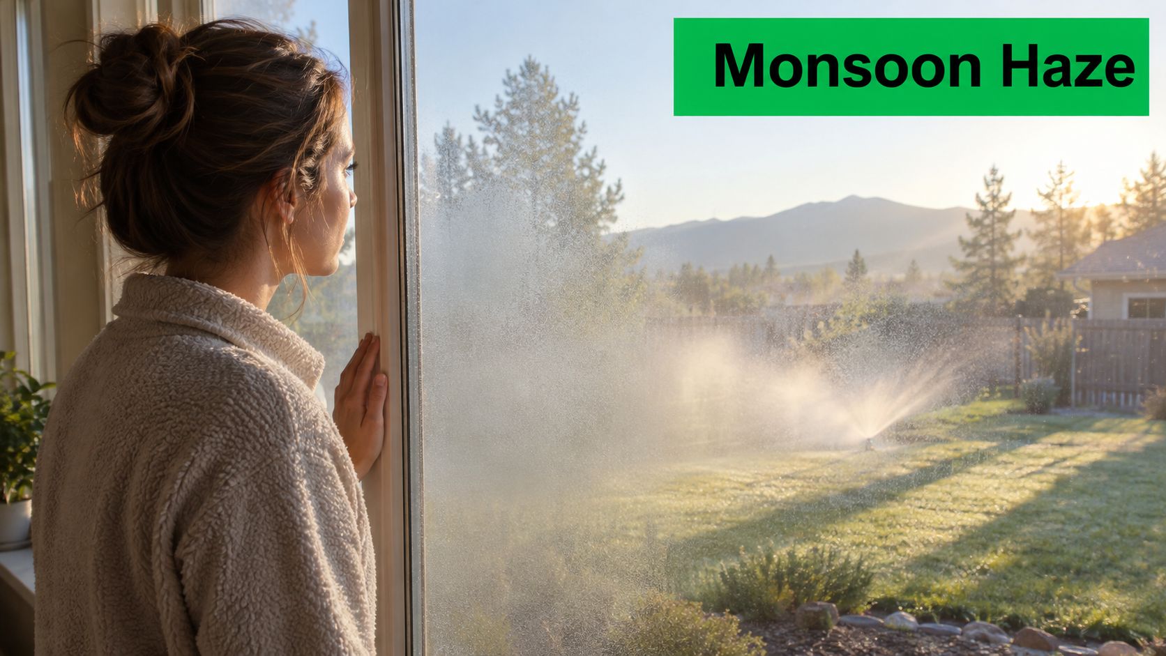 A woman looks through a fogged-up window at a backyard lawn being watered by a sprinkler.