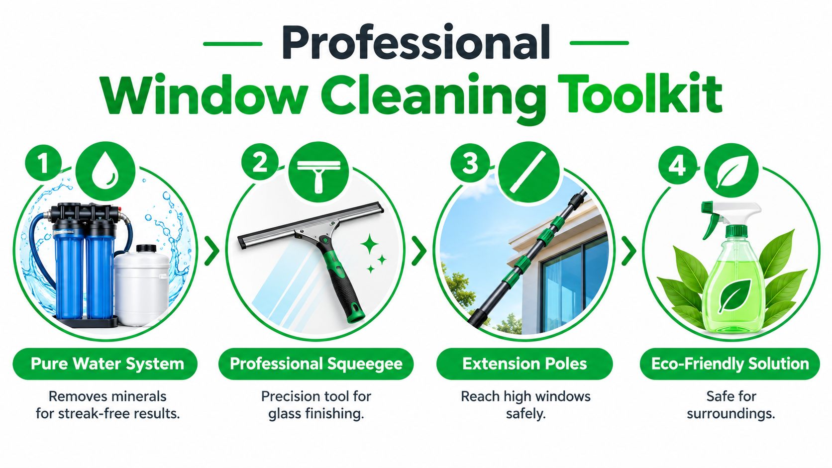 A professional window cleaning toolkit guide showcasing four essential tools for efficient and safe cleaning tasks.