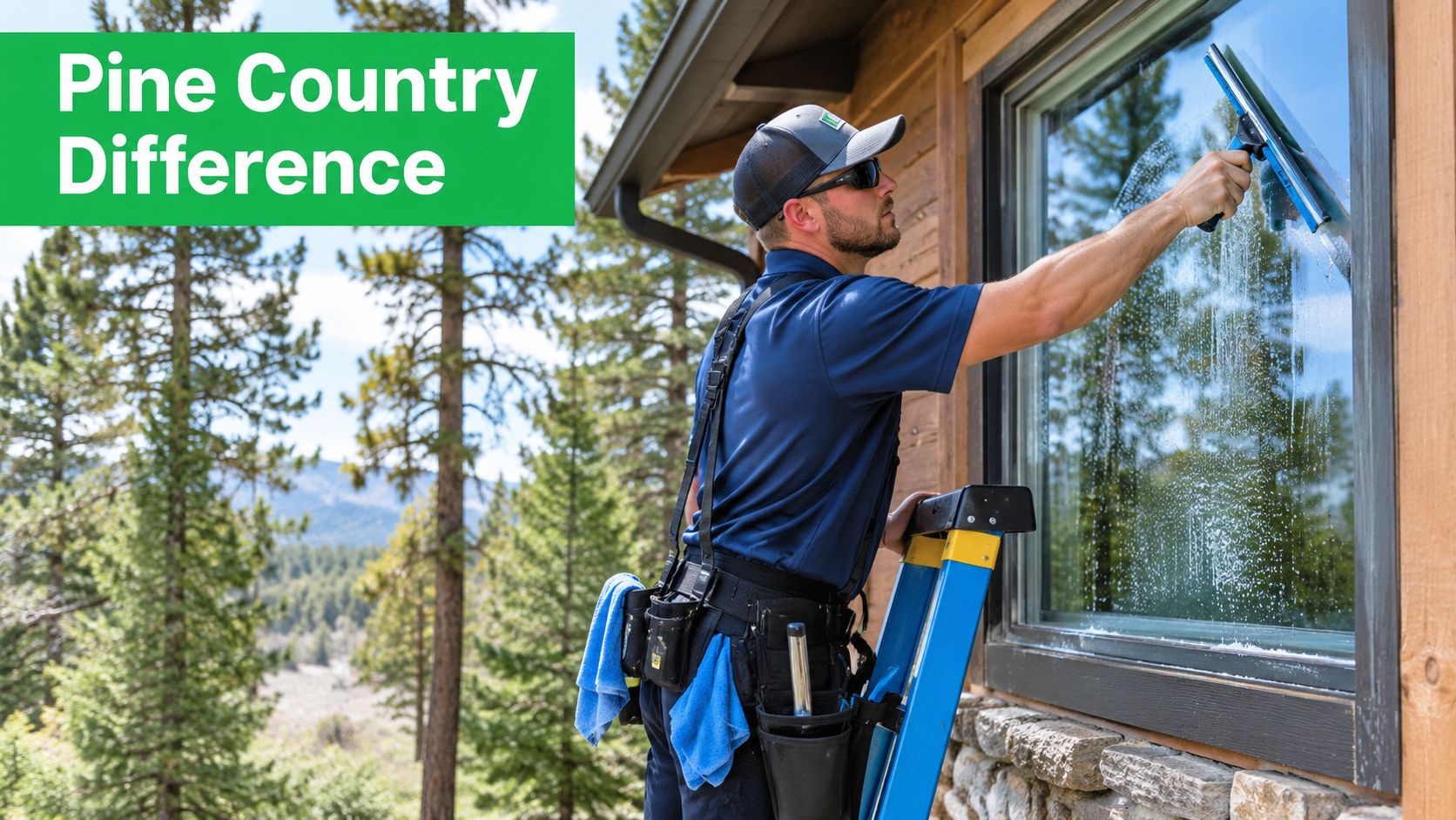 A professional window cleaner wearing a utility belt uses a squeegee to clean a house window.
