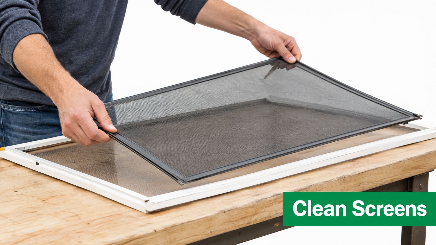 A person cleaning a mesh window screen on a wooden table to maintain clear visibility.