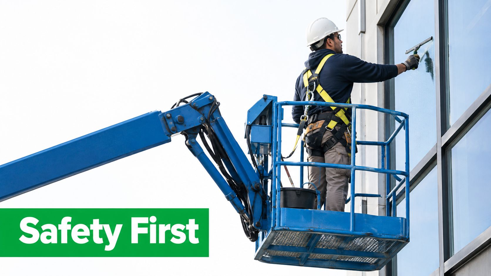 A professional window cleaner wearing safety gear works from a blue boom lift on a building exterior.