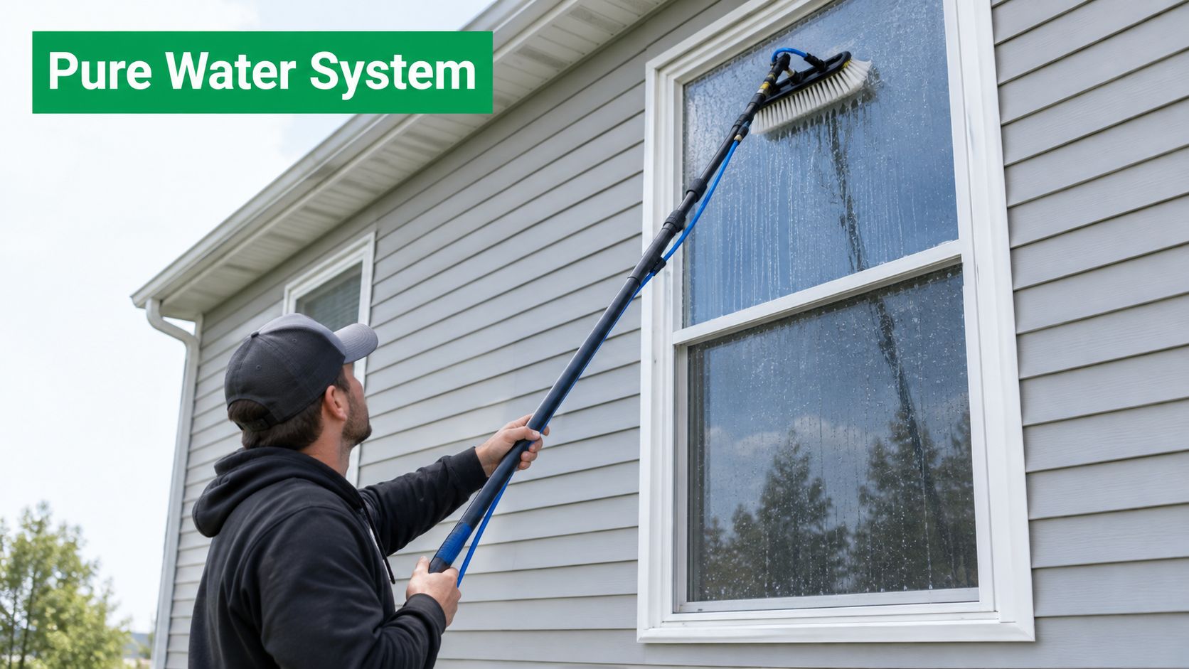 A professional cleaner using a pure water fed pole system to wash a window on a house.