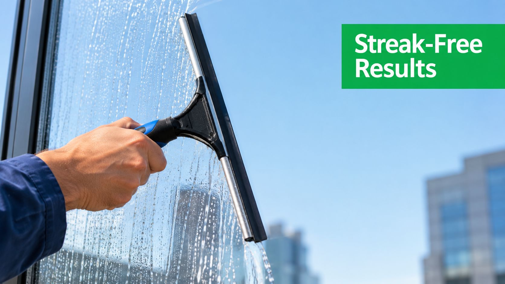 A close-up view of a person using a professional squeegee to clean a glass windowpane.