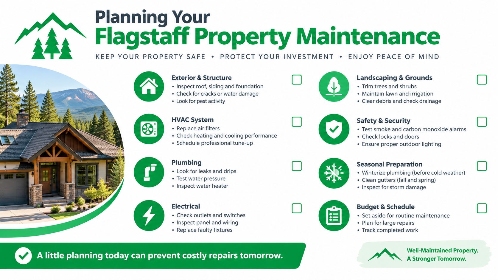 A checklist infographic titled Planning Your Flagstaff Property Maintenance, featuring icons for home upkeep and seasonal tasks.