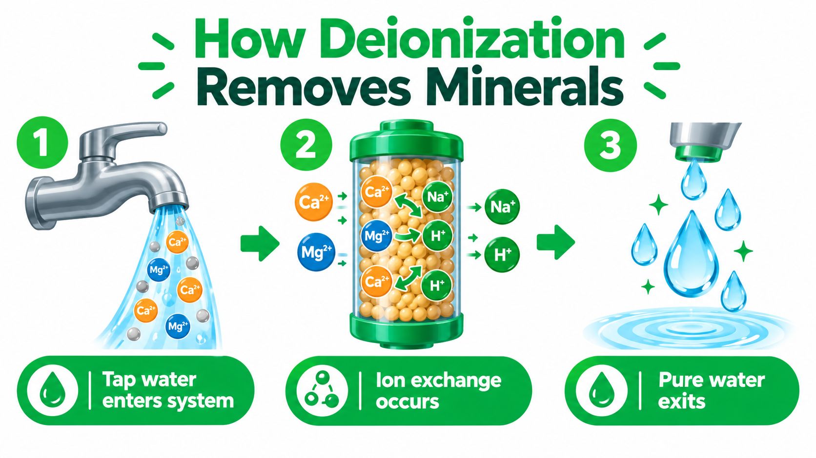 A diagram illustrating the deionization process where tap water enters, undergoes ion exchange, and exits as pure water.