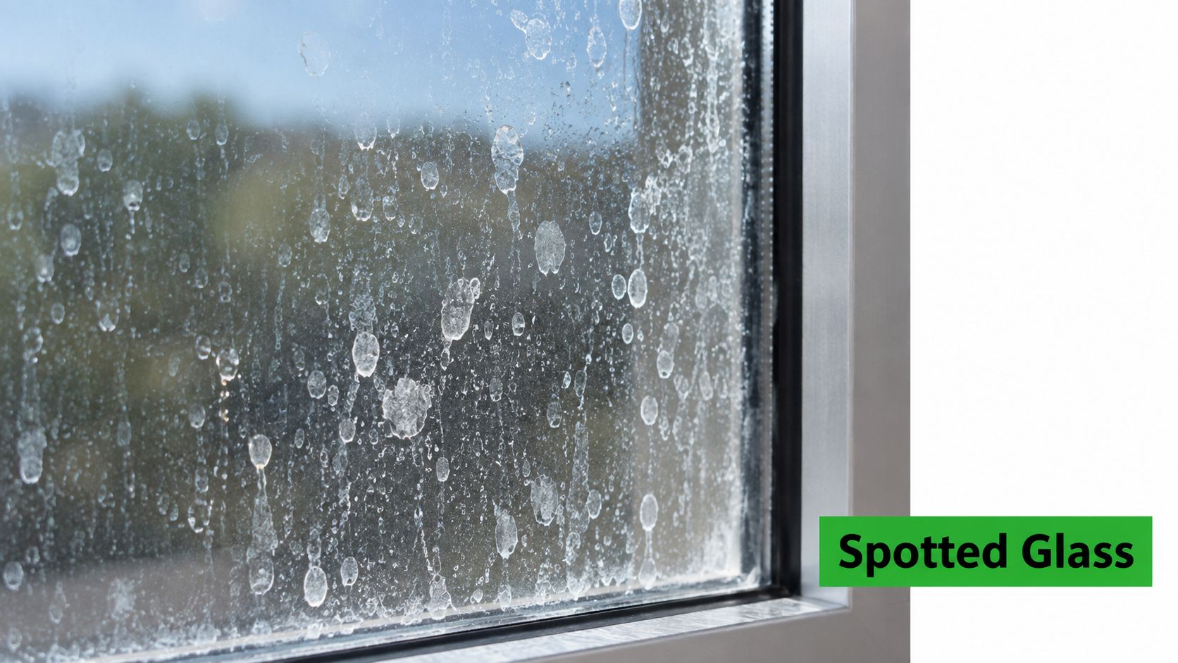 A close-up view of a dirty window pane covered in visible hard water spots and residue