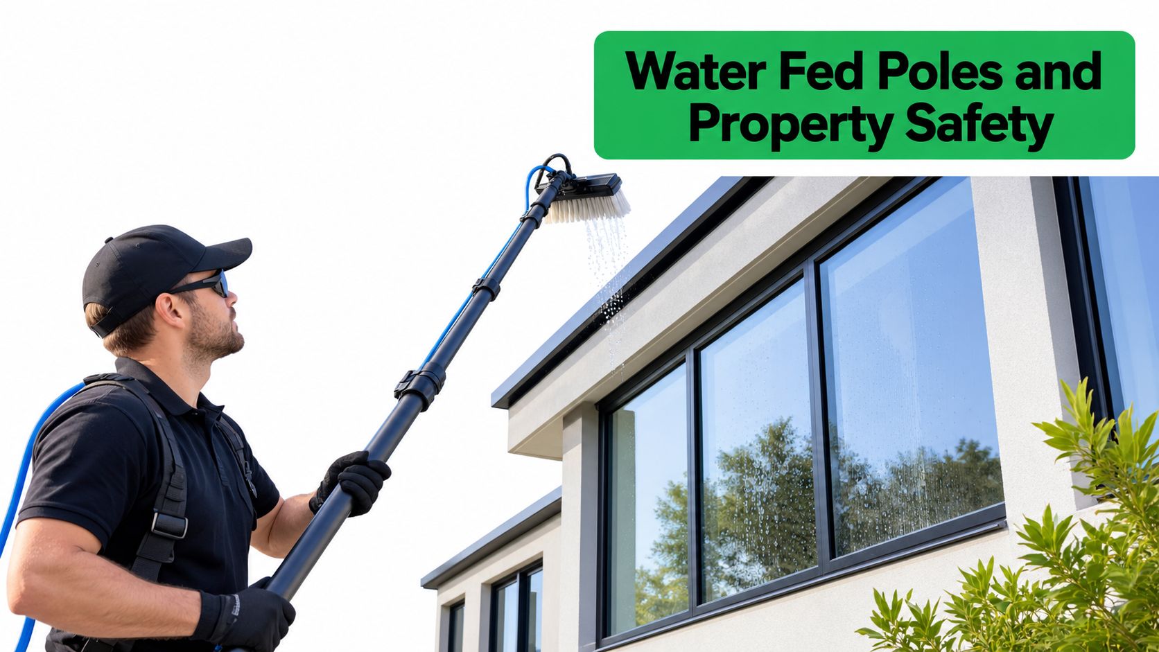 A professional cleaner using a water-fed pole system to clean exterior windows on a modern building.