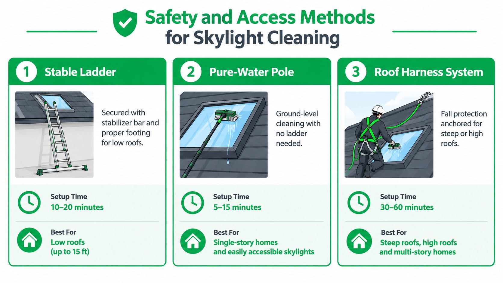 A safety guide infographic illustrating three different methods for cleaning skylights: ladder, pole, and harness system.