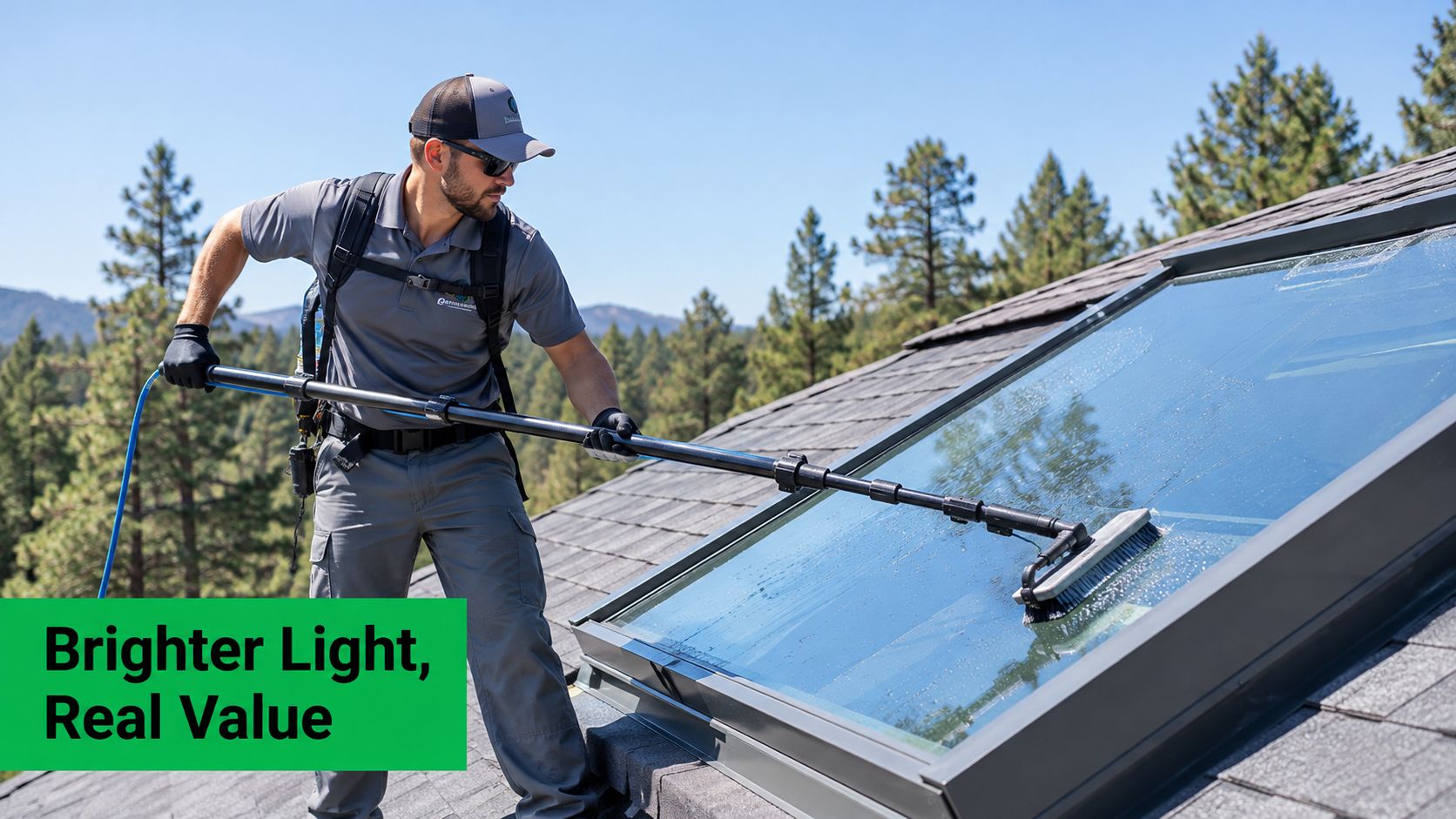 A professional technician using an extendable brush to clean a residential skylight on a sunny day.