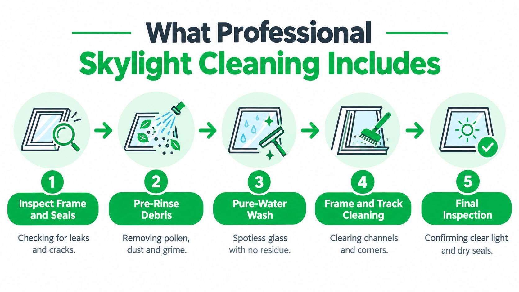An infographic showing the five steps of a professional skylight cleaning process from inspection to final check.