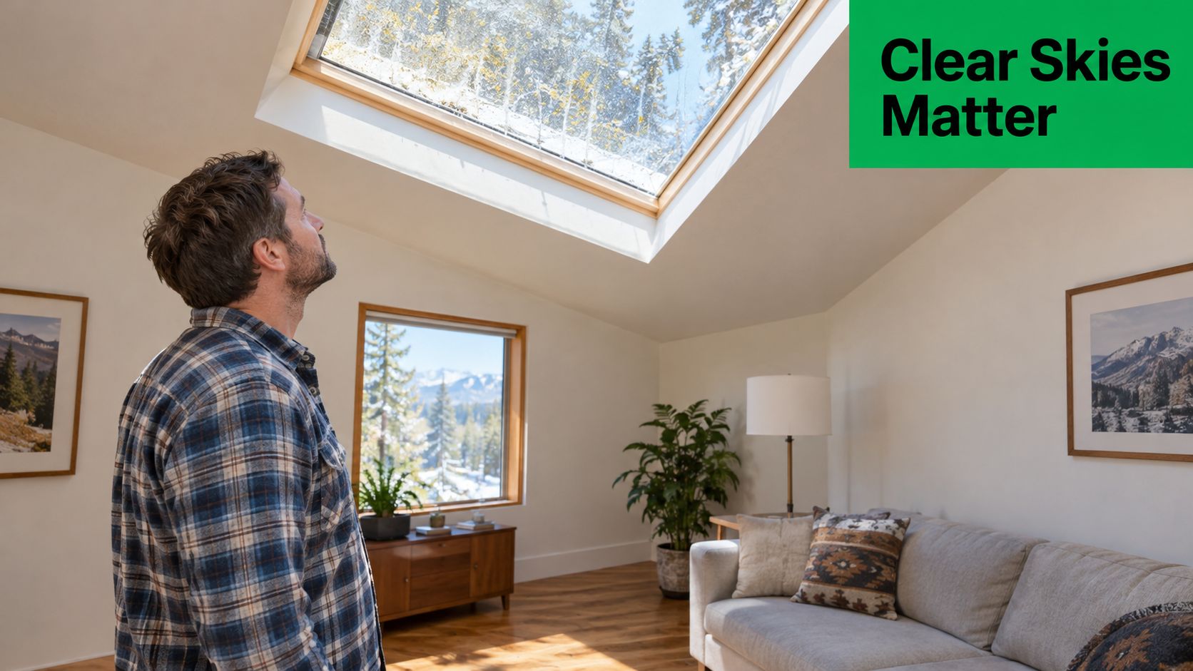 A man wearing a plaid shirt looks up at a residential skylight in a living room.