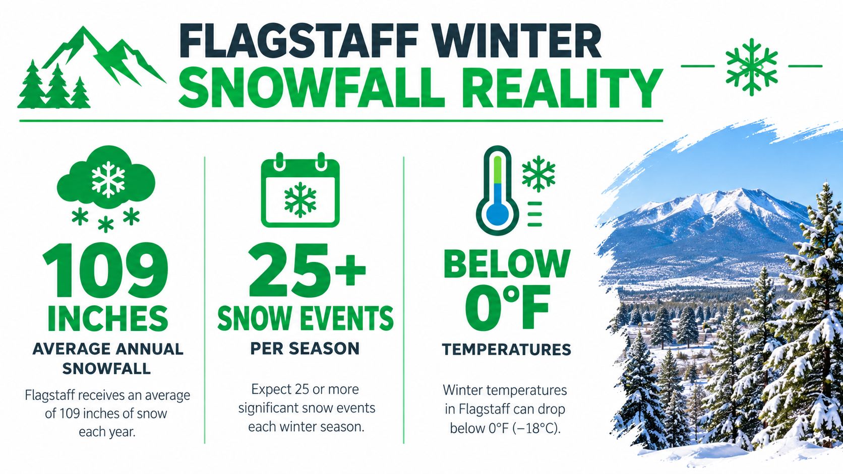 An infographic titled Flagstaff Winter Snowfall Reality, highlighting 109 inches of average snowfall and cold temperatures.