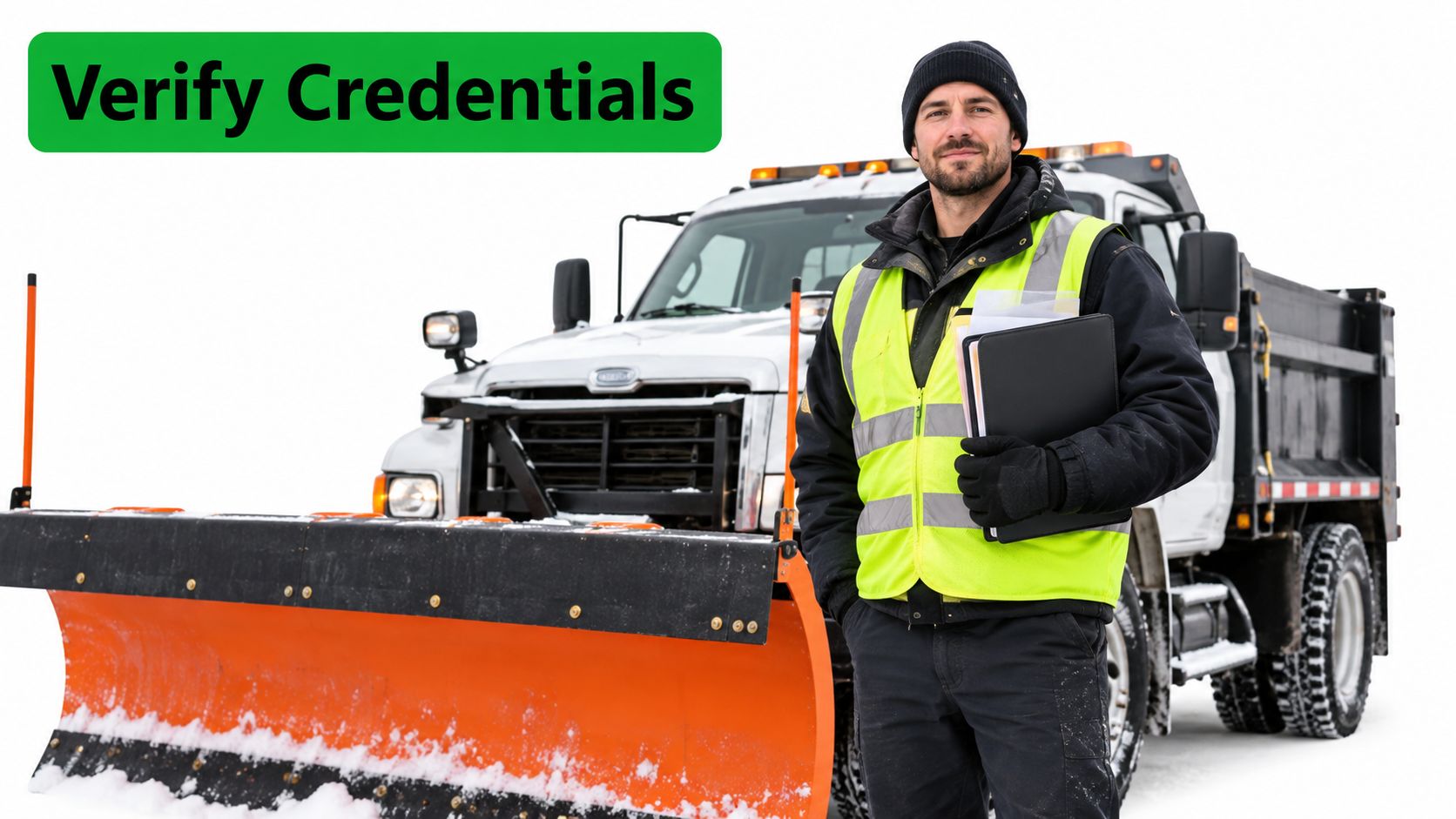 A professional snow removal operator standing in front of a heavy-duty plow truck with a clipboard.