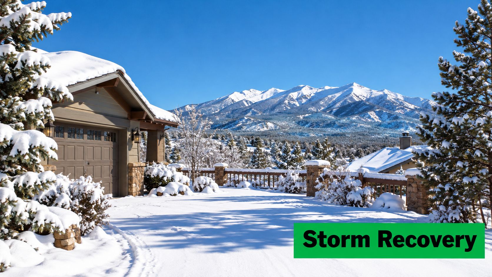 A snow-covered suburban house driveway with large mountain peaks in the background under a clear sky.