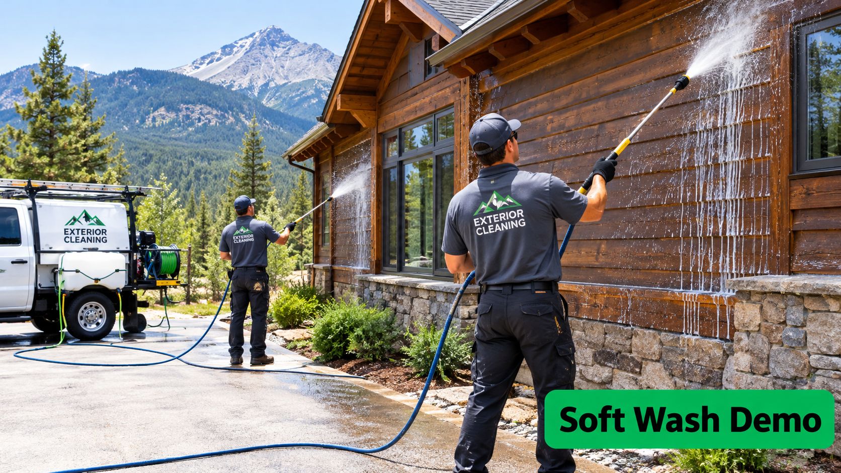 Two professional cleaners in uniforms soft washing the wooden siding of a mountain home exterior.